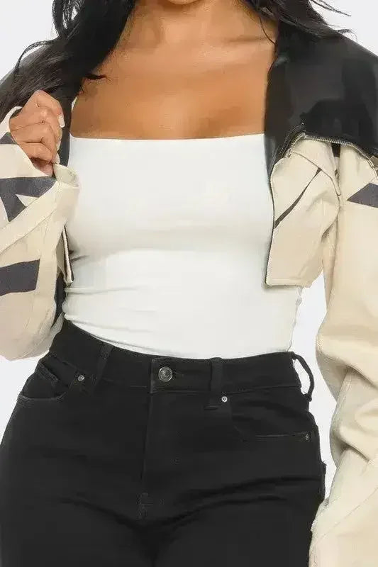 Two-Tone Puff Sleeve Bomber Jacket - Beige Oversized Sleeve Jacket | Femstylo