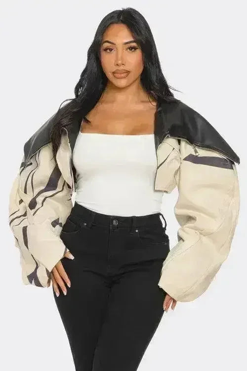 Two-Tone Puff Sleeve Bomber Jacket - Beige Oversized Sleeve Jacket | Femstylo