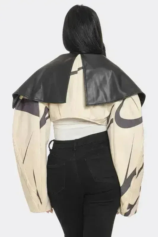 Two-Tone Puff Sleeve Bomber Jacket - Beige Oversized Sleeve Jacket | Femstylo