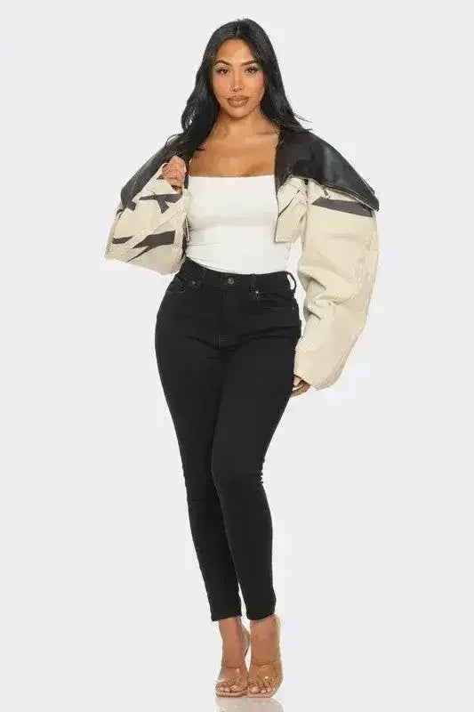 Two-Tone Puff Sleeve Bomber Jacket - Beige Oversized Sleeve Jacket | Femstylo