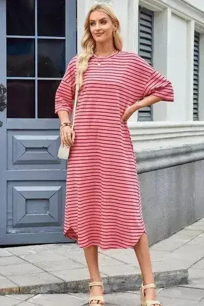 Lovelet Contrast Striped Half Sleeve Midi Tee Dress