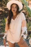 Puff Sleeve Patchwork Blouse - Tropical Print Top | Femstylo