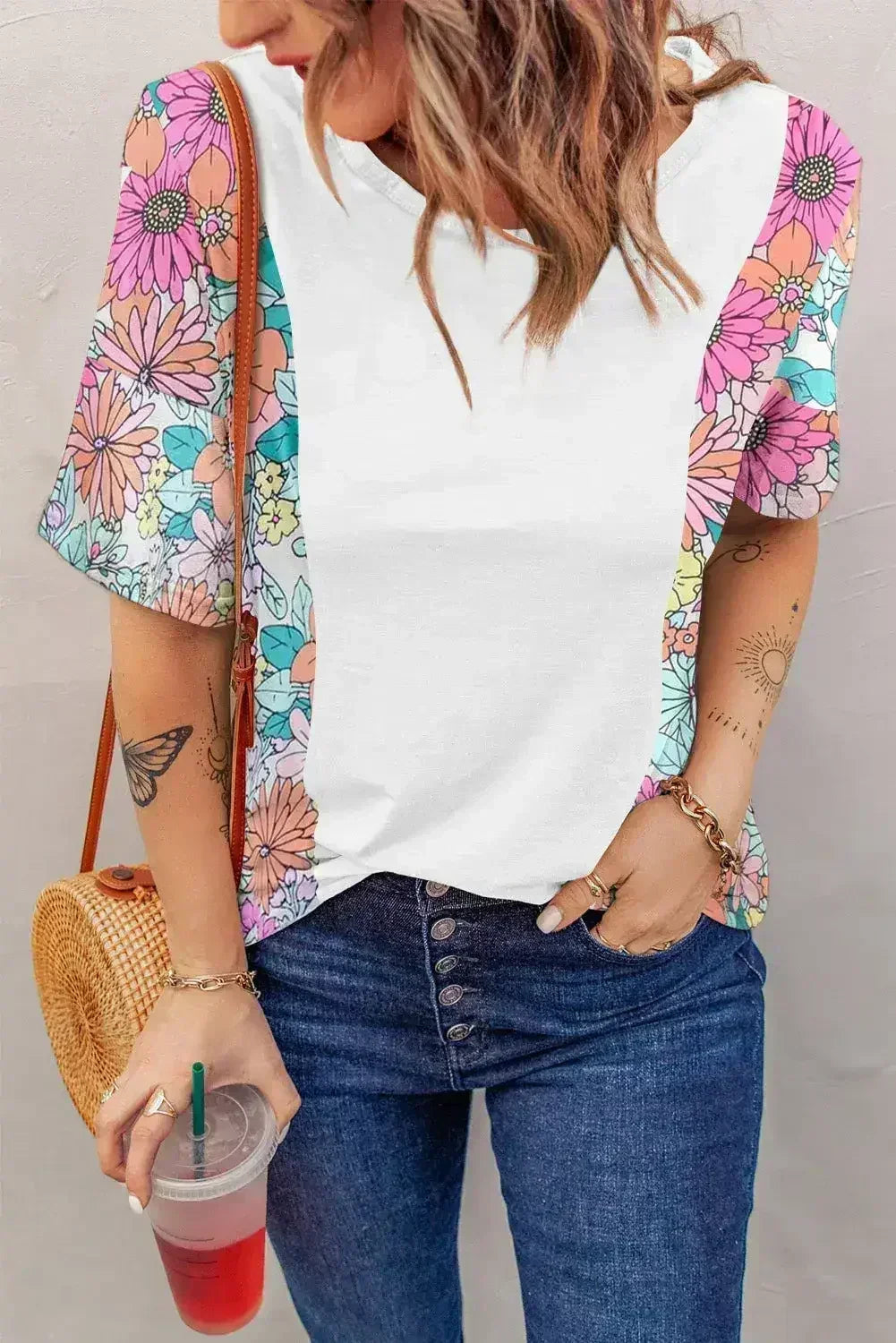 Floral Patchwork Top - Short Sleeve Summer Tee | Femstylo