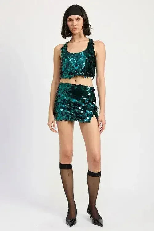 Sequin Emerald Green Mini Skirt – Sparkly with Thigh Slit | Sizes S-L