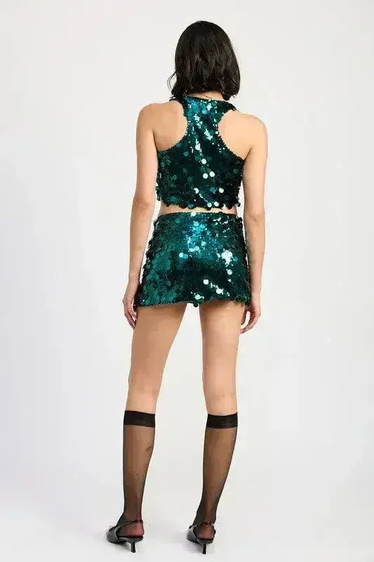 Sequin Emerald Green Mini Skirt – Sparkly with Thigh Slit | Sizes S-L