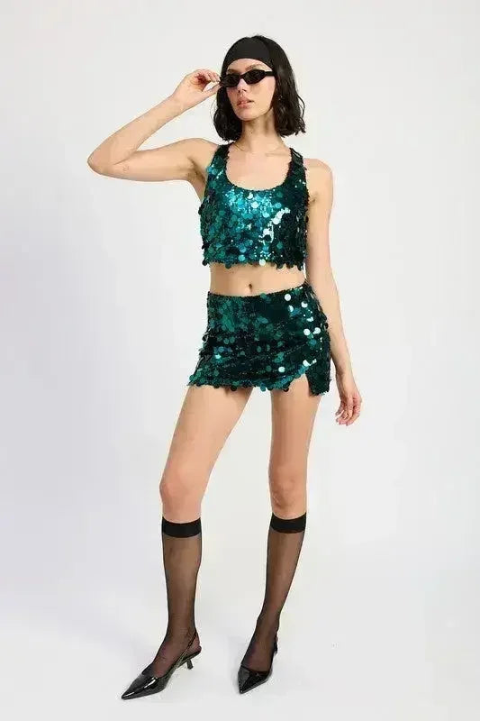 Sequin Emerald Green Mini Skirt – Sparkly with Thigh Slit | Sizes S-L