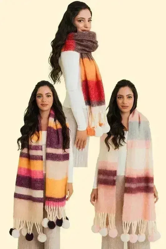 Chunky Pom Tassel Color Stripes Scarf – Bold Striped Scraf