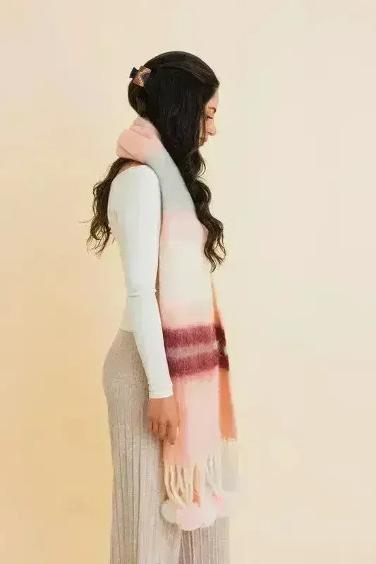Chunky Pom Tassel Color Stripes Scarf – Bold Striped Scraf