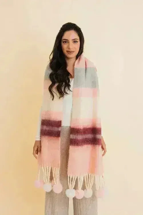 Chunky Pom Tassel Color Stripes Scarf – Bold Striped Scraf