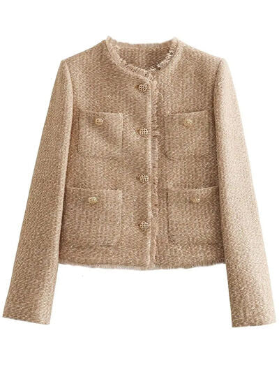 Luxury Camel Raw Hem Pocketed Round Neck Jacket Edgy & Casual Lightweight Outerwear