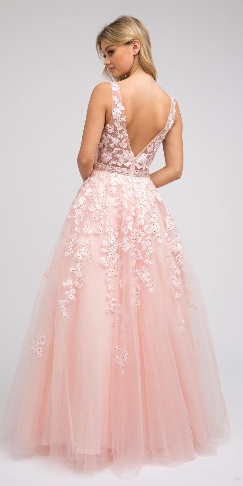 Juliet 224 V-Neck and Back Embroidered Tulle A-Line Ball Gown
