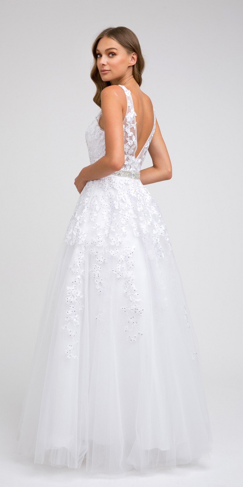 Juliet 224 V-Neck and Back Embroidered Tulle A-Line Ball Gown