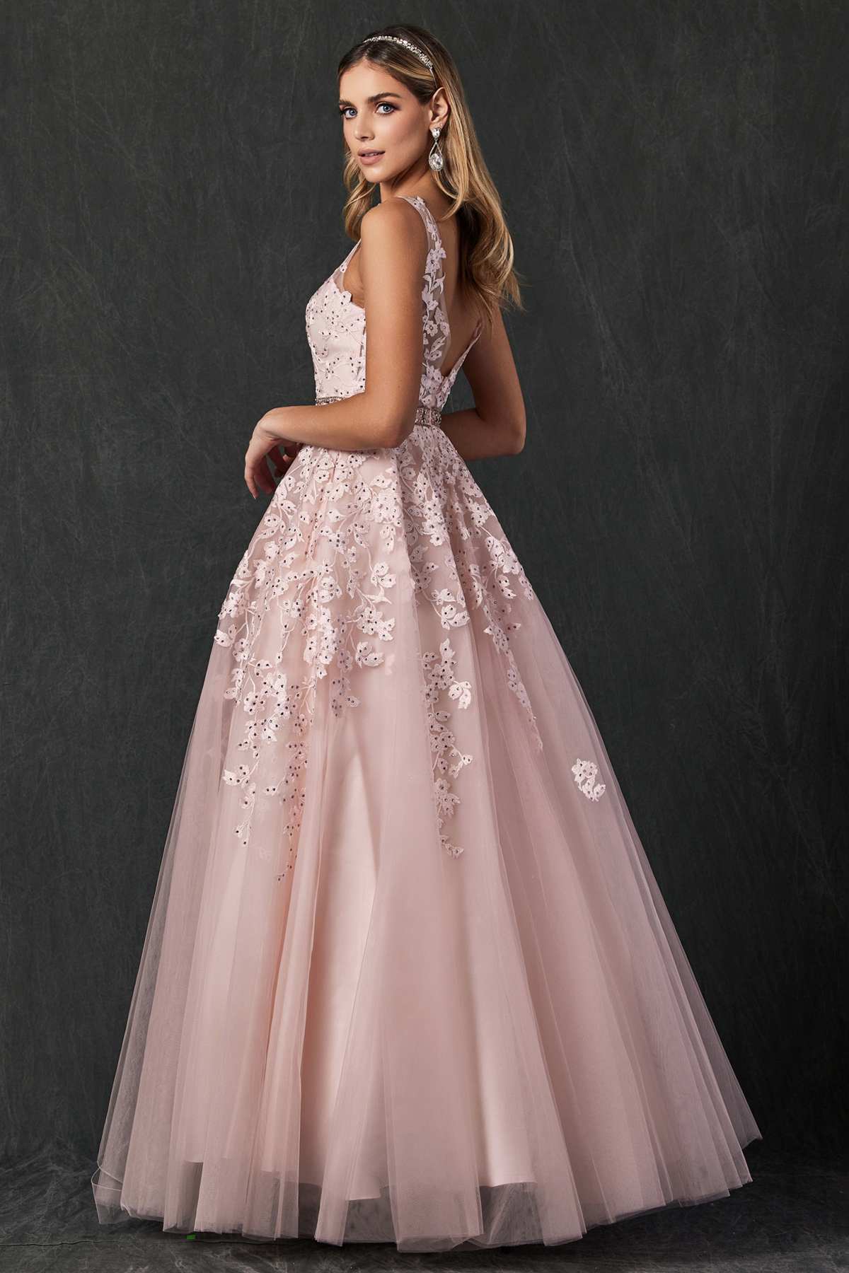 Juliet 224 V-Neck and Back Embroidered Tulle A-Line Ball Gown