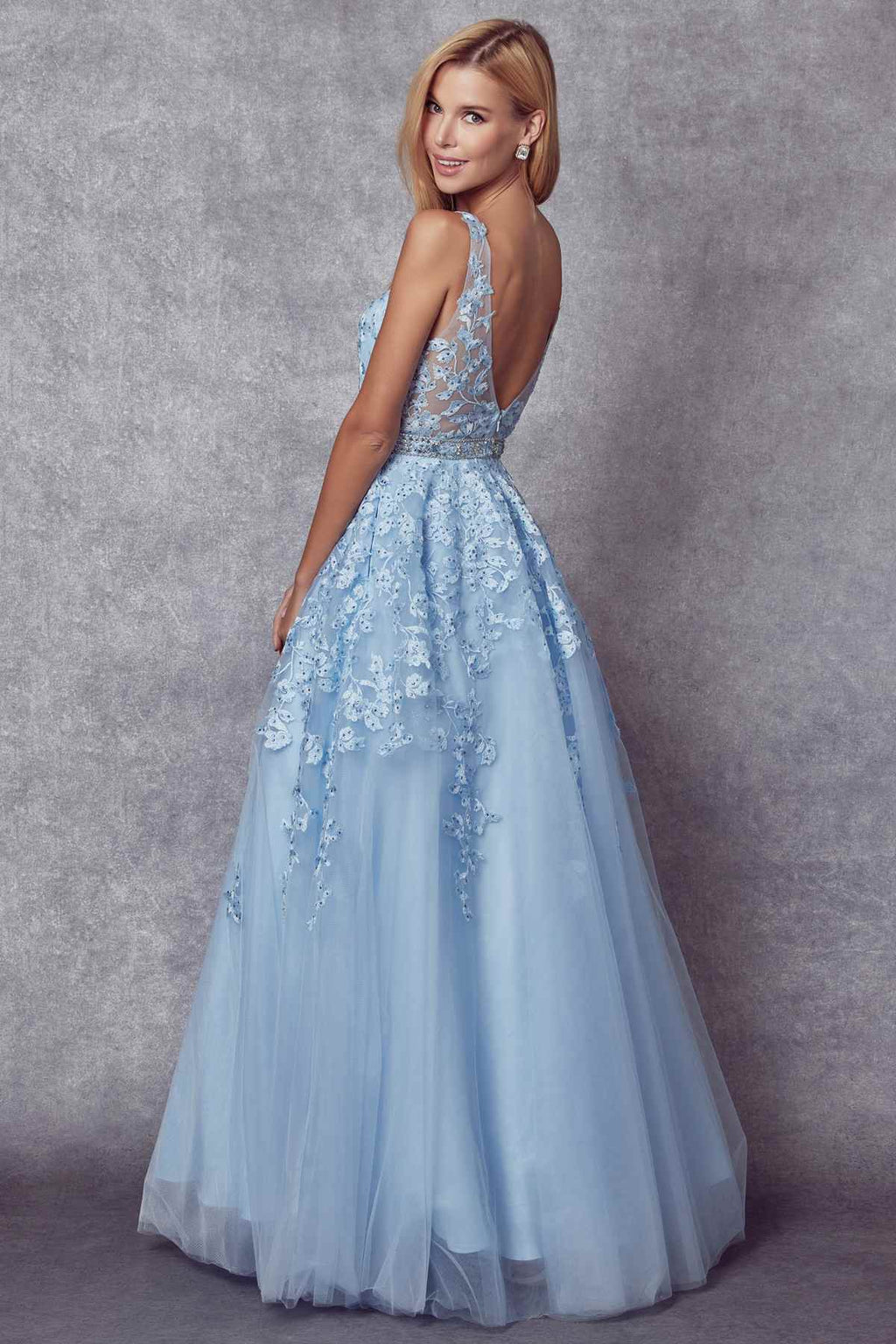 Juliet 224 V-Neck and Back Embroidered Tulle A-Line Ball Gown