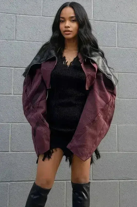 Two-Tone Puff Sleeve Bomber Jacket - Beige Oversized Sleeve Jacket | Femstylo