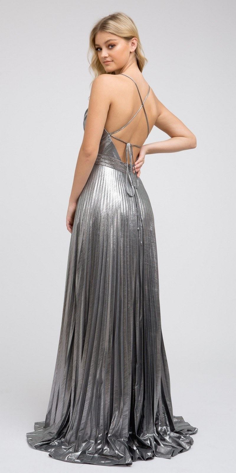 Juliet 226 Metallic Pleated Long Dress A-Line Lace-Up Back