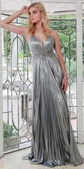 Juliet 226 Metallic Pleated Long Dress A-Line Lace-Up Back