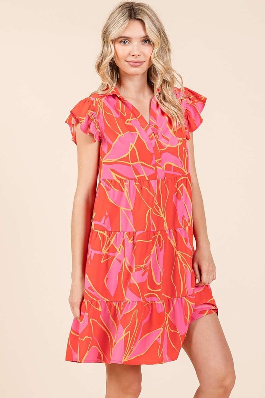 Leaf Print Ruffle Sleeve Tiered Mini Dress For Summer – Fluttering, Playful and Feminine Dress with Layered Details