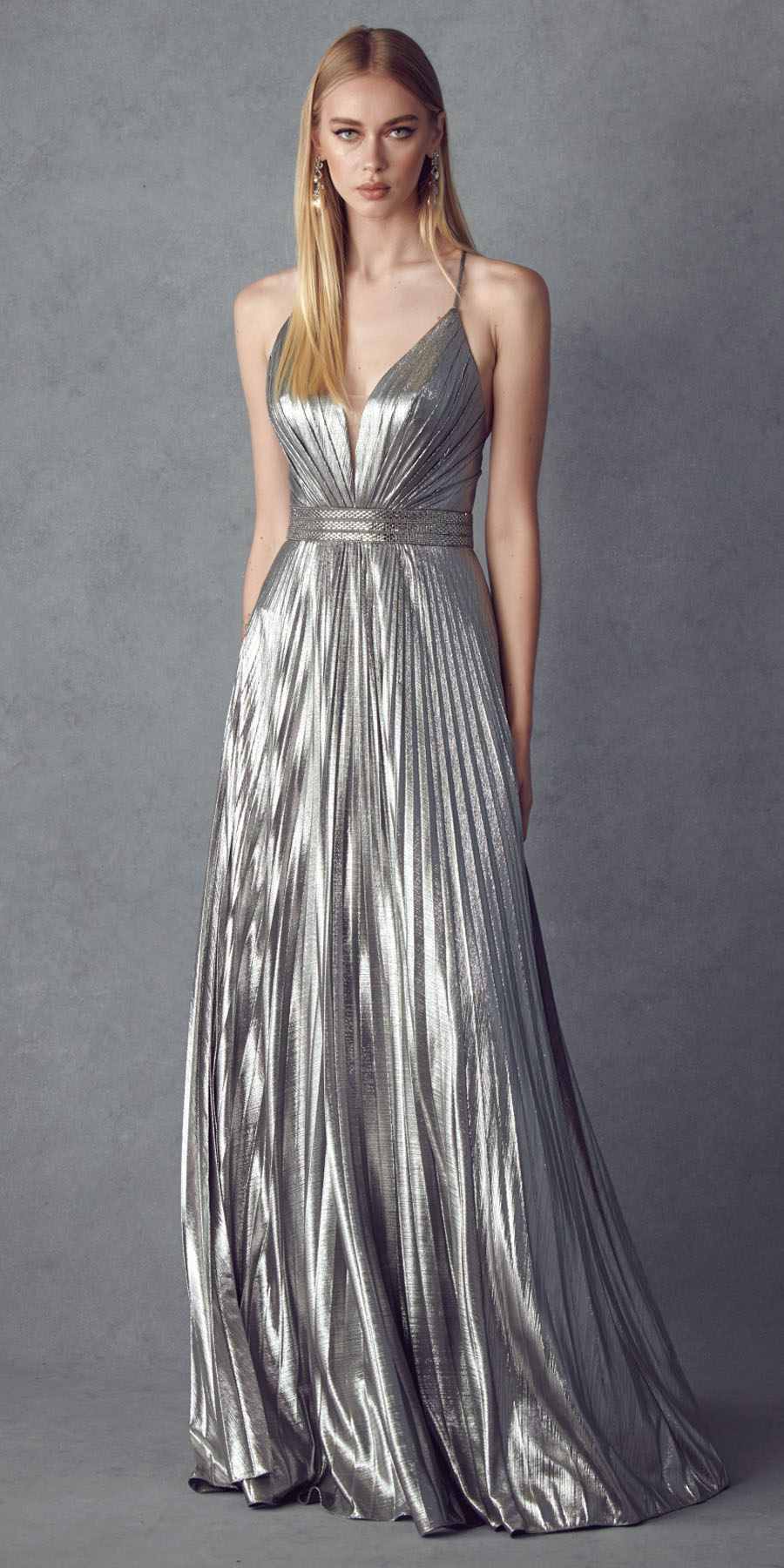 Juliet 226 Metallic Pleated Long Dress A-Line Lace-Up Back