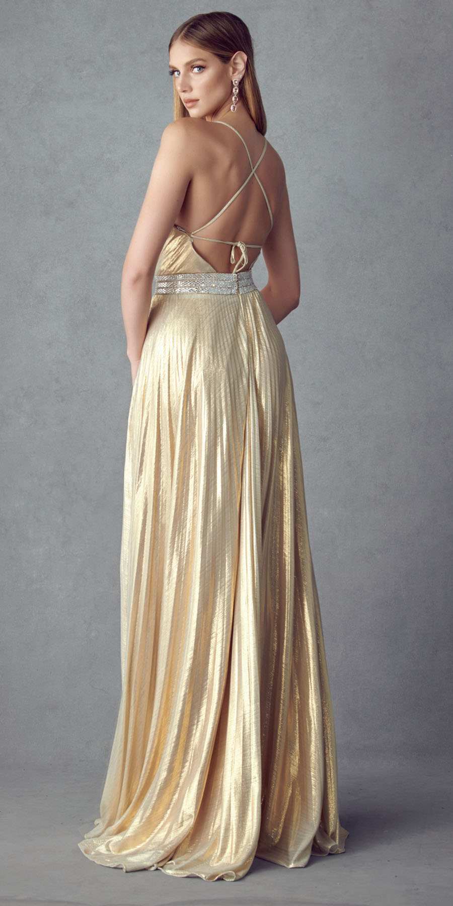 Juliet 226 Metallic Pleated Long Dress A-Line Lace-Up Back