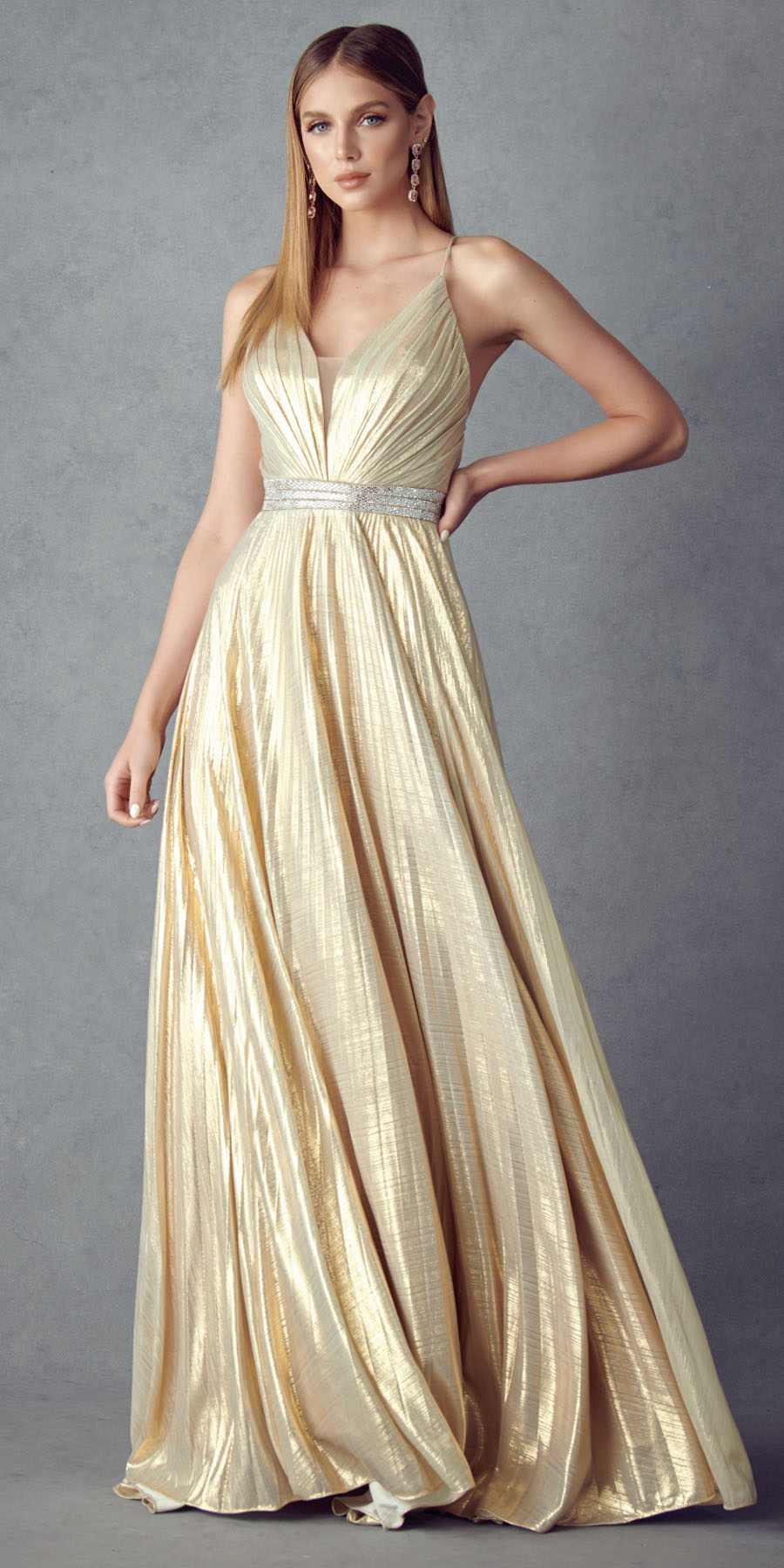 Juliet 226 Metallic Pleated Long Dress A-Line Lace-Up Back