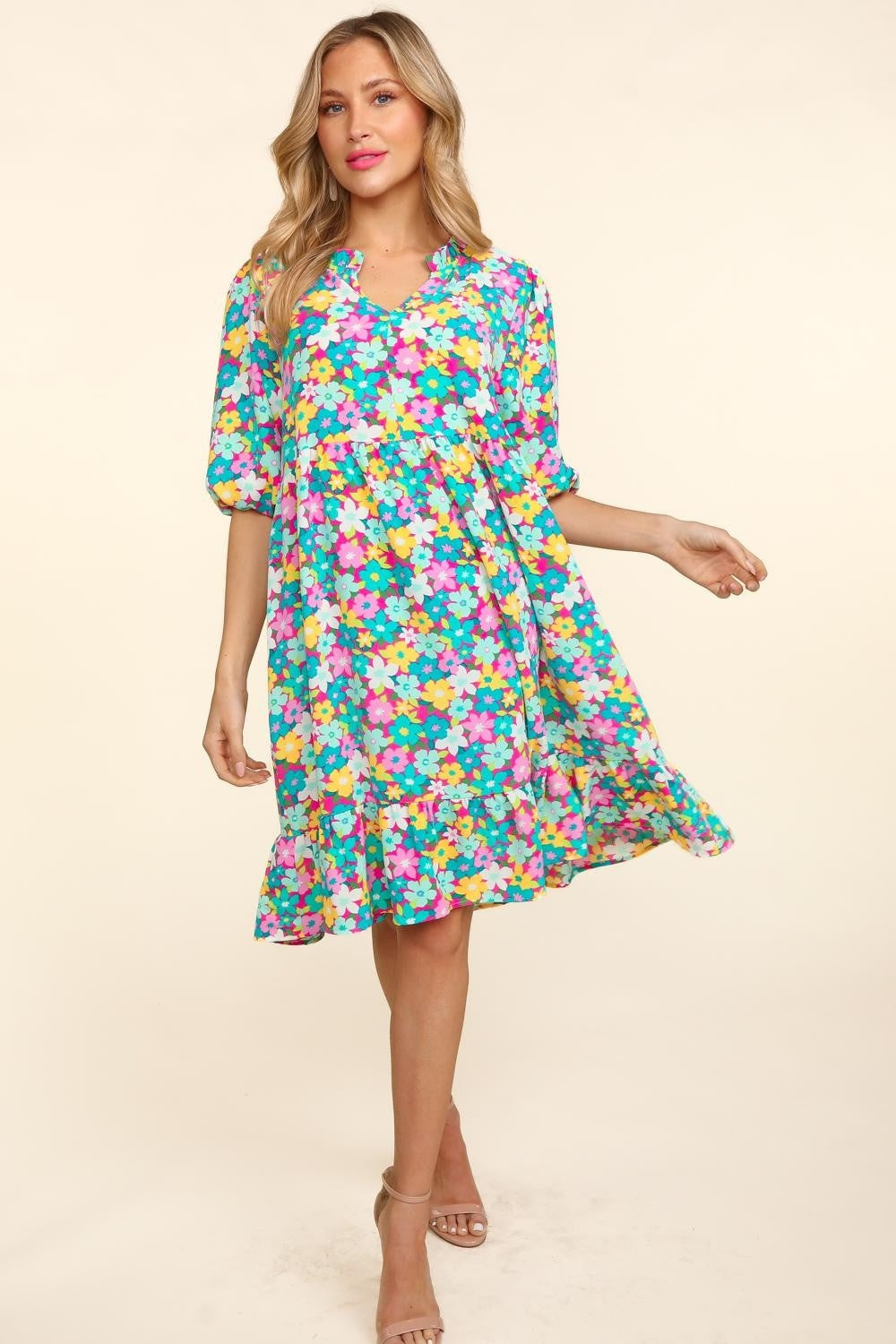 Bubble Sleeve Floral Ruffled Summer Dress For Women – Charming Floral Dress, Feminine Floral Dress, Trendy Bubble Sleeve Dress, Whimsical Ruffled Dress, Elegant Garden Party Dress, Romantic Floral Dress, Chic Bubble Sleeve Dress