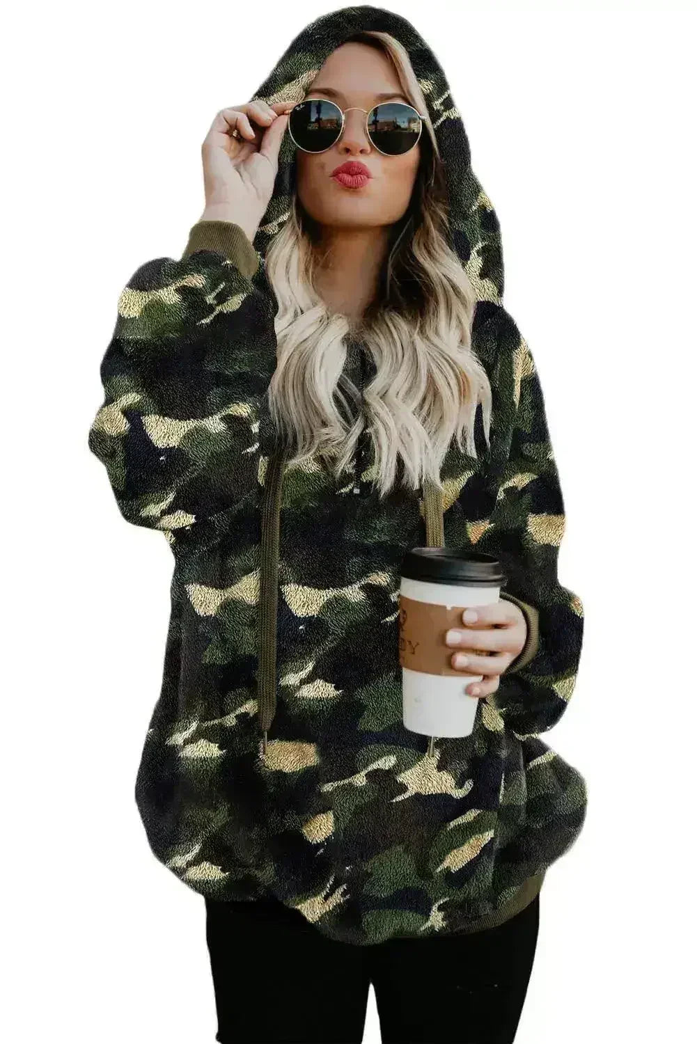 Women's Winter Green Camo Print Warm Furry Pullover Hoodie