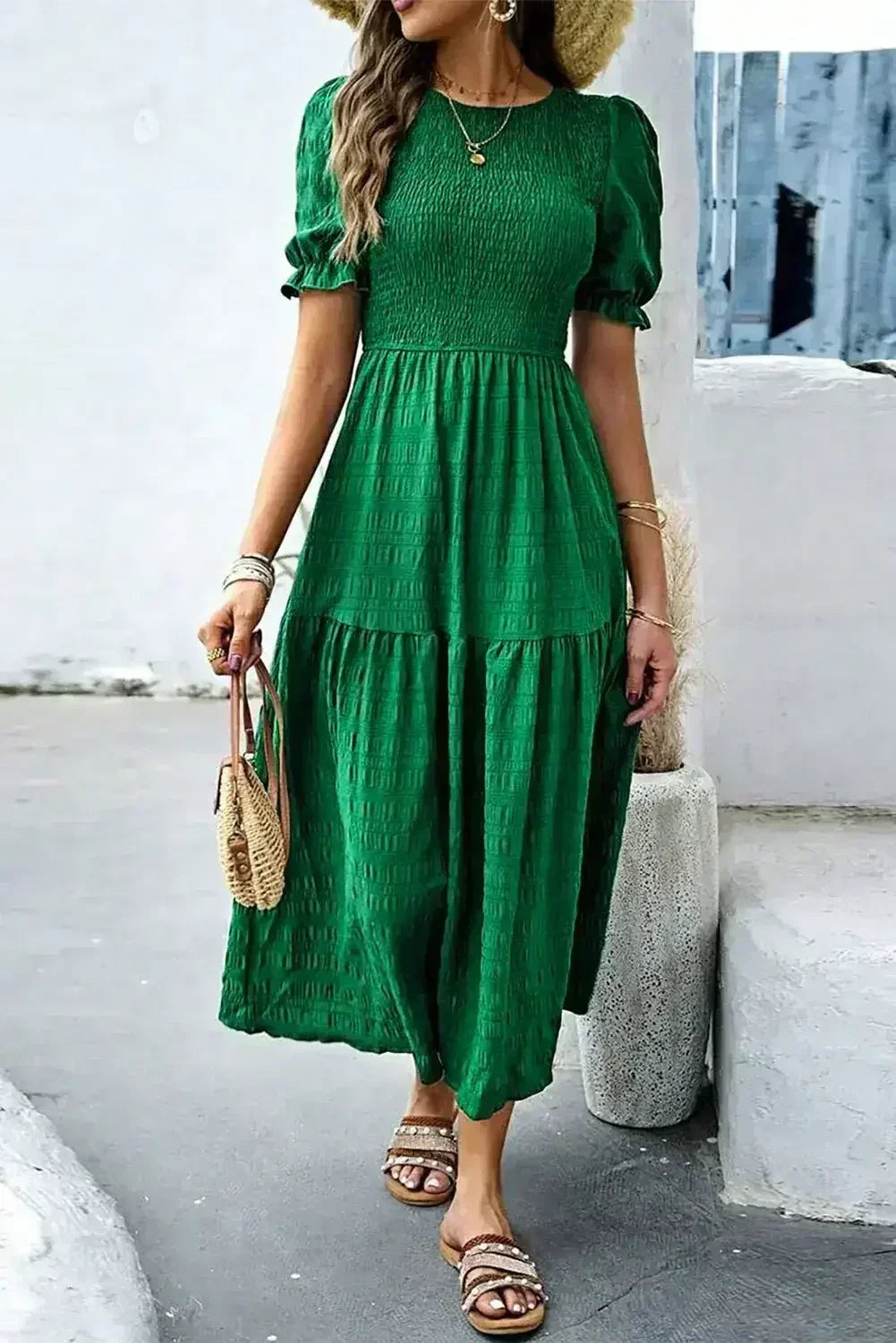 Sail Blue Solid Textured Smocked High Waist Midi Dress