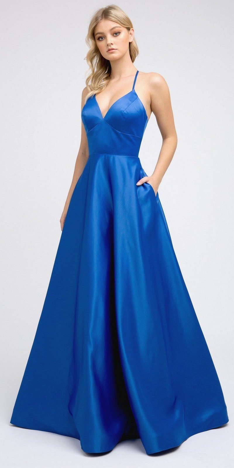 Juliet 230 Stylish Back Long A-Line Satin Prom Dress with Pockets