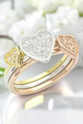 3 Tone CZ Heart Triple Ring Set - Cubic Zirconia Stackable Rings