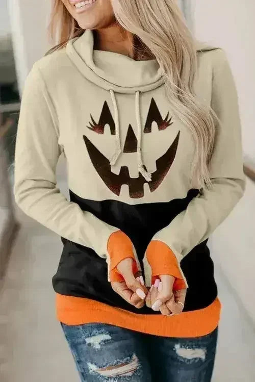 Cute Black Cowl Neck Pumpkin Print Color Block Halloween Sweatshirt
