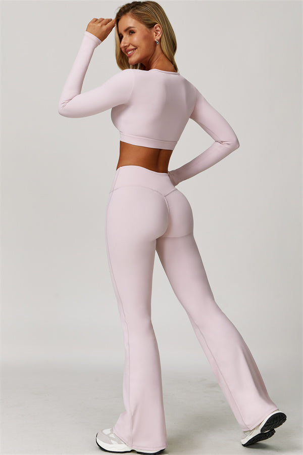 The Lavish Long Sleeve Cut-out Crop Top Flared Leggings 2-Piece Set