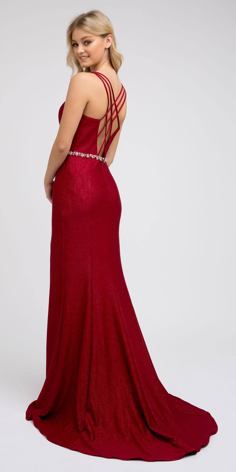 Juliet 237 Strappy-Back Long Prom Dress with Slit
