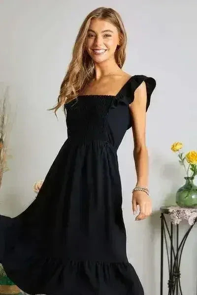 Smocked Square Neck Dress with Ruffled Sleeves - Feminine & Flirty | Femstylo