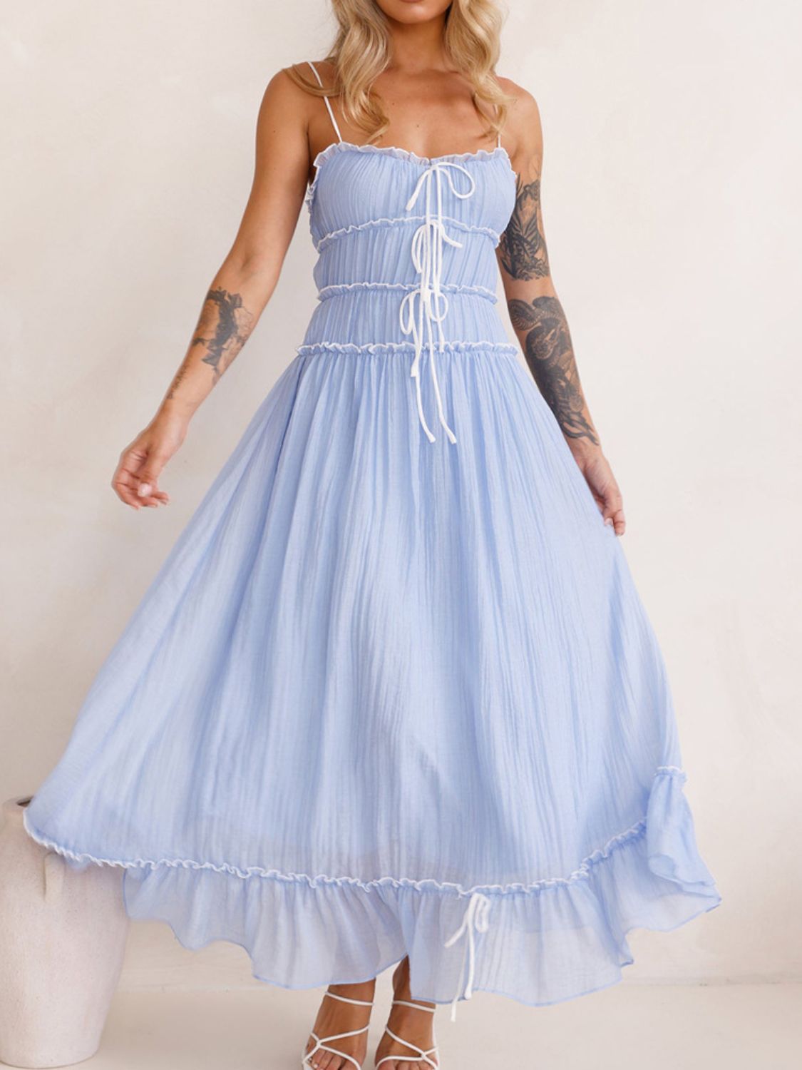 Vintage Ruffled Hem Midi Dress With Tied And Ruched Detail Elegant Feminine Girls Dress