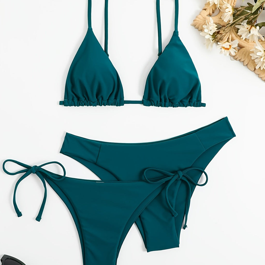Essential Edge 3-Piece Bikini Set for Women – Solid Color High-Cut Triangle Top Two-Style Bottoms with Side Lace-Up Design & Quick-Drying Comfort – Versatile Women's Swimwear for Summer Pool Beach & Travel
