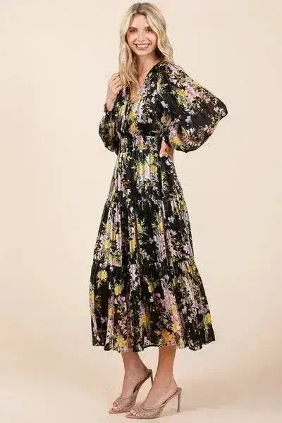 Floral Lurex Stripe Midi Dress – Smocked Waist & Satin Shine | Femstylo