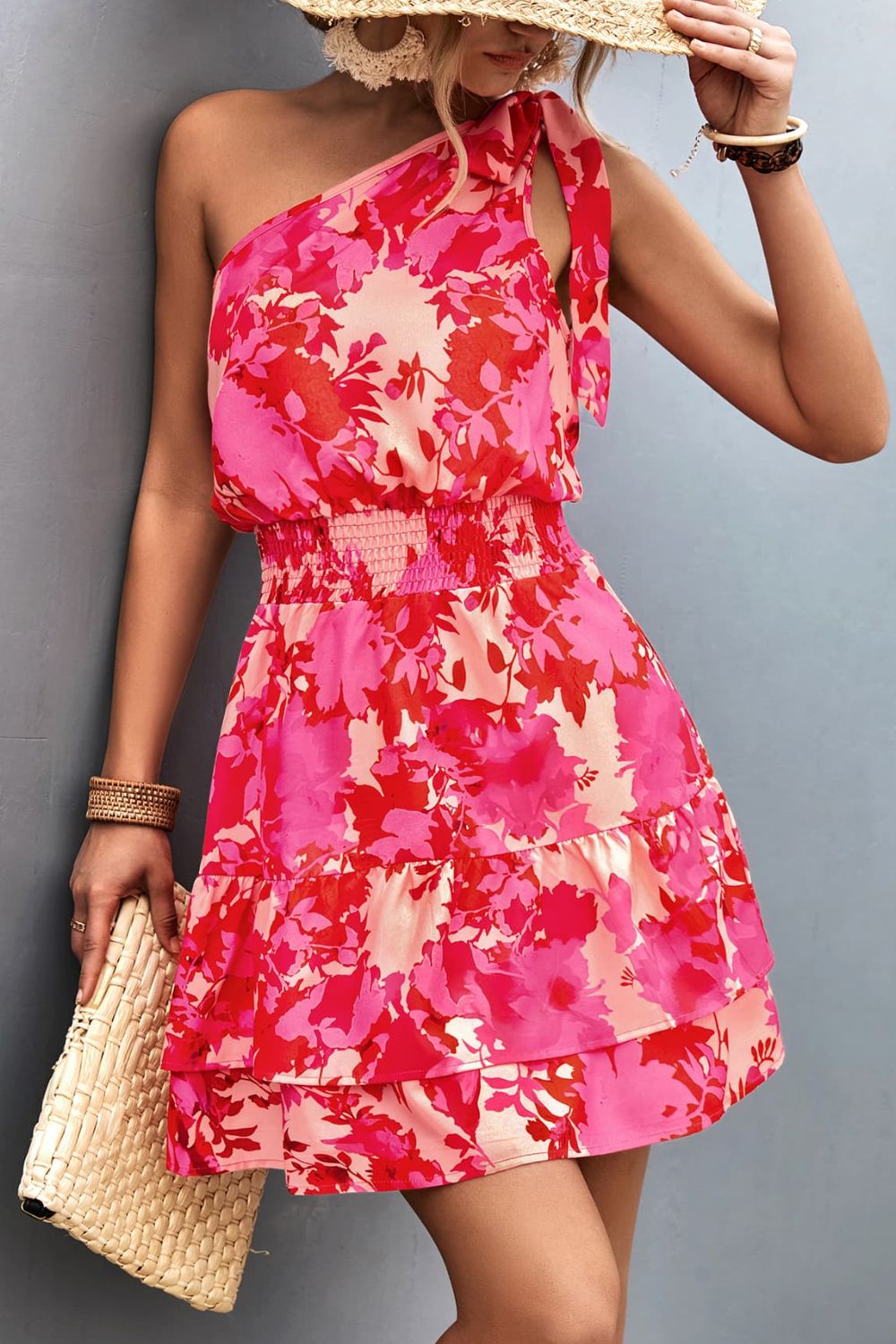 Pink Smocked Printed Single Shoulder Dress Feminine & Flattering Summer Style Dresses