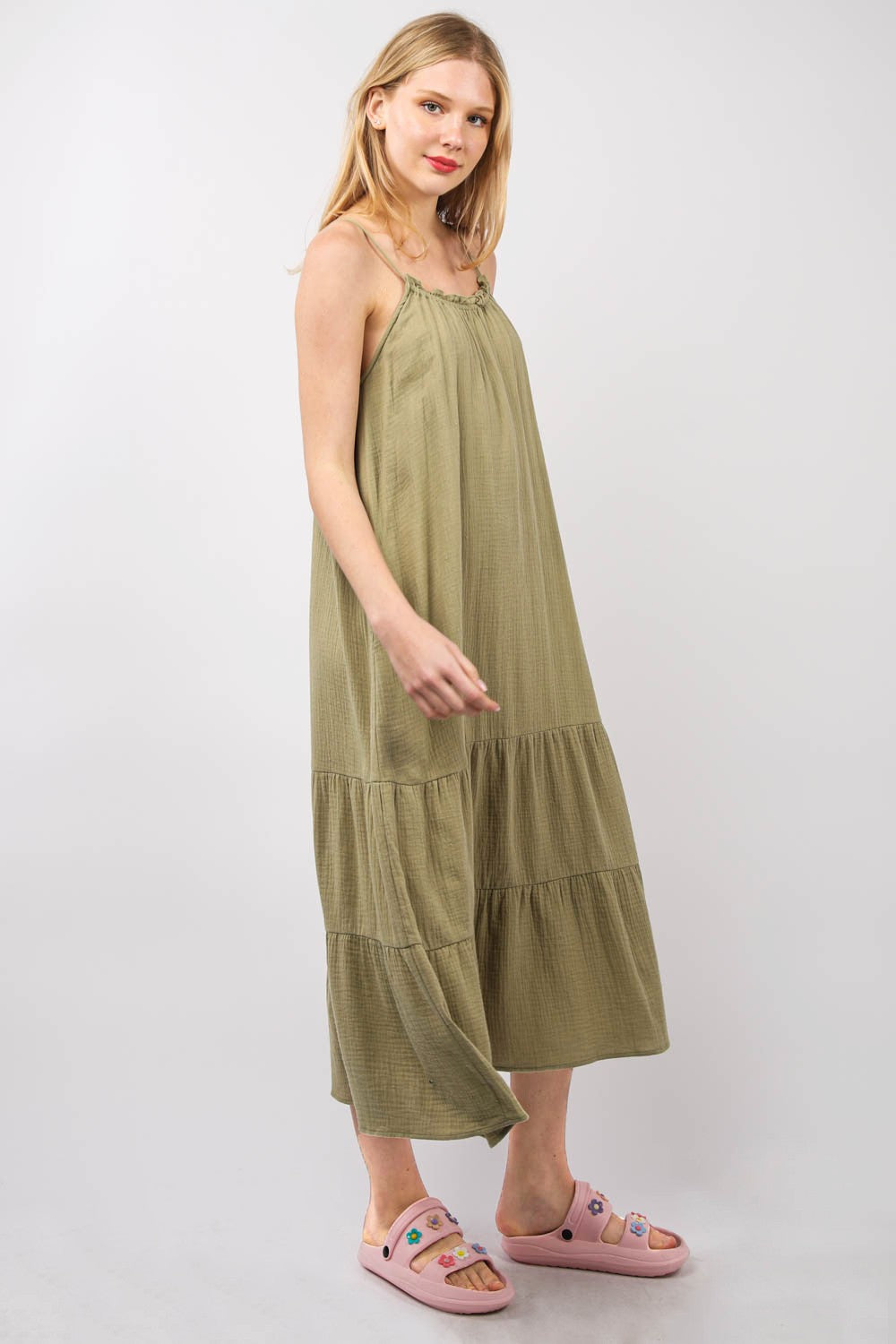 Ruffled A-Line Midi Cami Dress – Ruffled Midi Dress, A-Line Cami Dress, Feminine Ruffled Dress, Summer Cami Dress, Comfy Cotton Dress, Sleeveless Midi Dress, Breezy Casual Dress