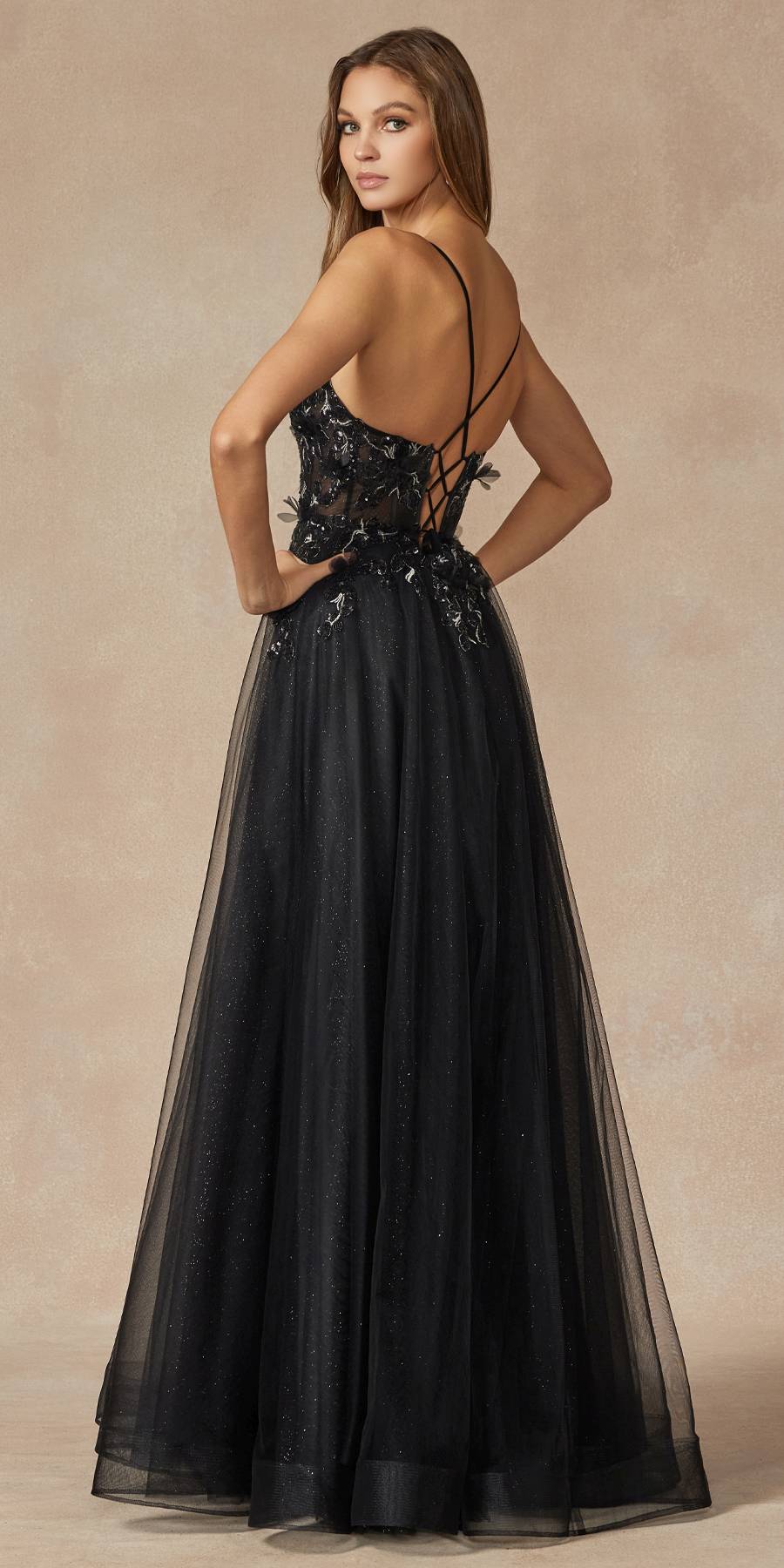 Juliet 2401 Floor Length A-Line Tulle Gown with Detachable Puff Sleeves