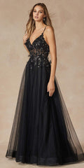 Juliet 2401 Floor Length A-Line Tulle Gown with Detachable Puff Sleeves