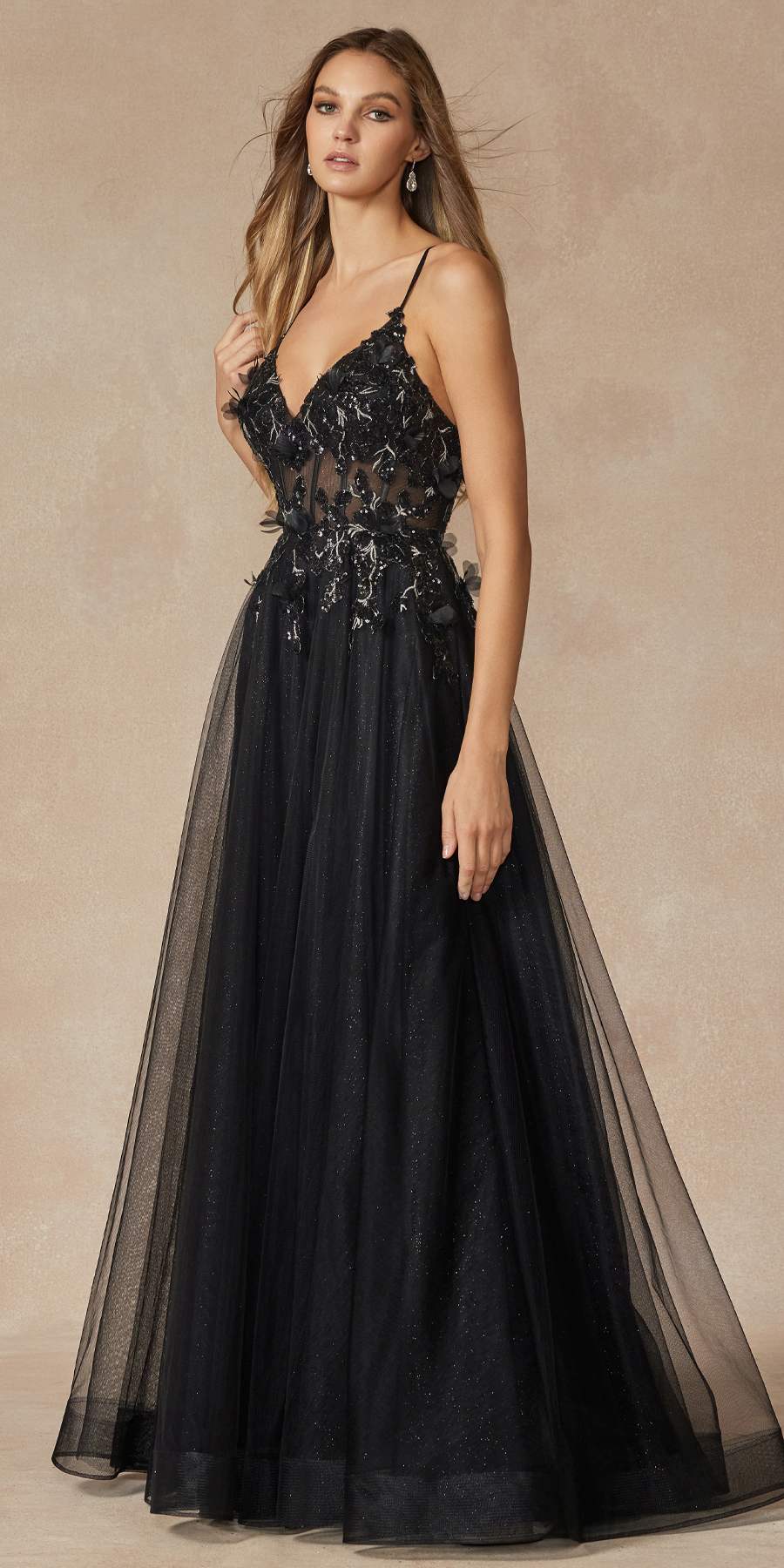Juliet 2401 Floor Length A-Line Tulle Gown with Detachable Puff Sleeves
