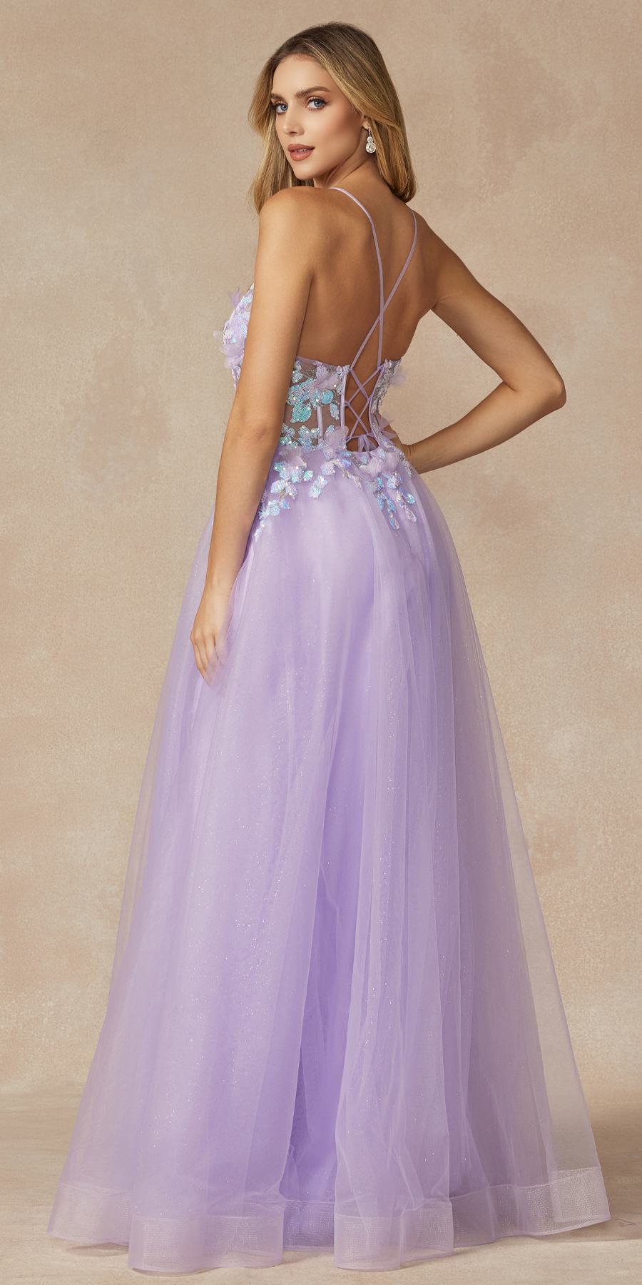 Juliet 2401 Floor Length A-Line Tulle Gown with Detachable Puff Sleeves