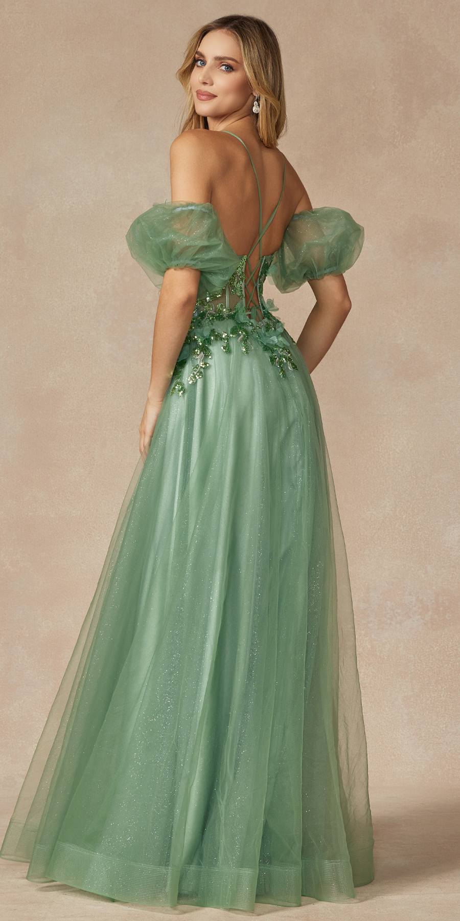 Juliet 2401 Floor Length A-Line Tulle Gown with Detachable Puff Sleeves