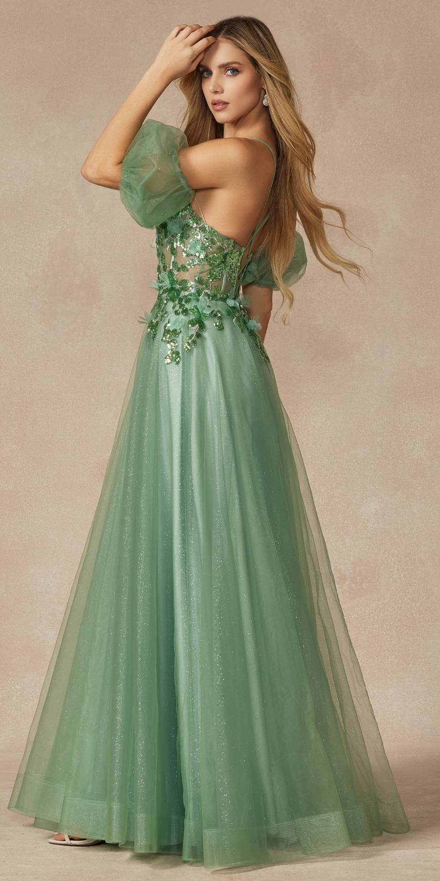 Juliet 2401 Floor Length A-Line Tulle Gown with Detachable Puff Sleeves