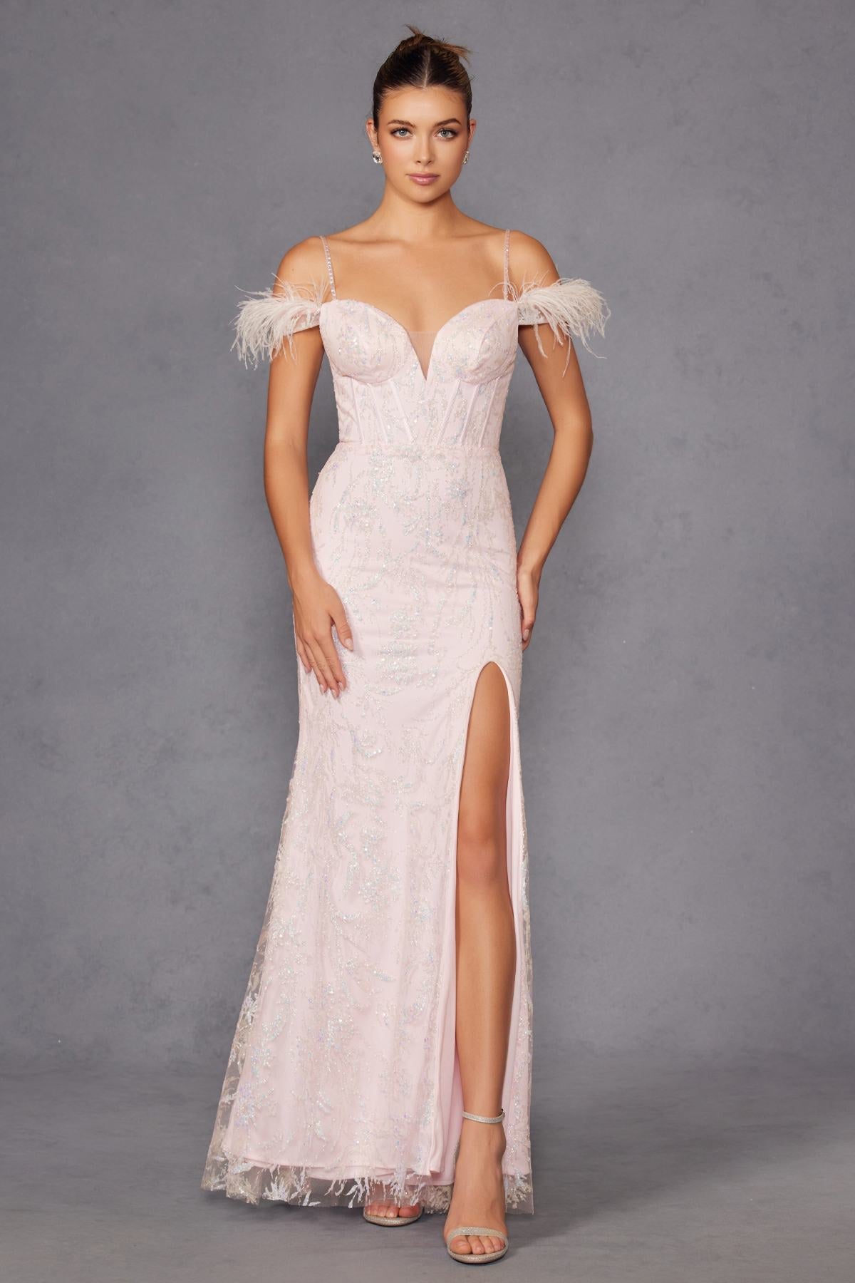 Juliet 2402 Glitter Leaf Sequin Gown with Feathered Sleeves and Slit