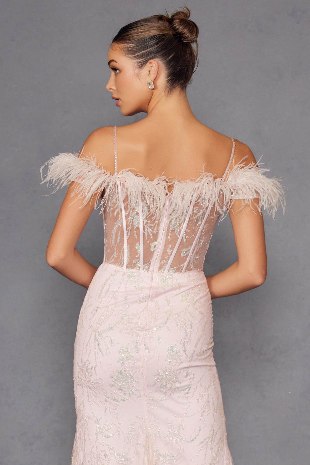 Juliet 2402 Glitter Leaf Sequin Gown with Feathered Sleeves and Slit
