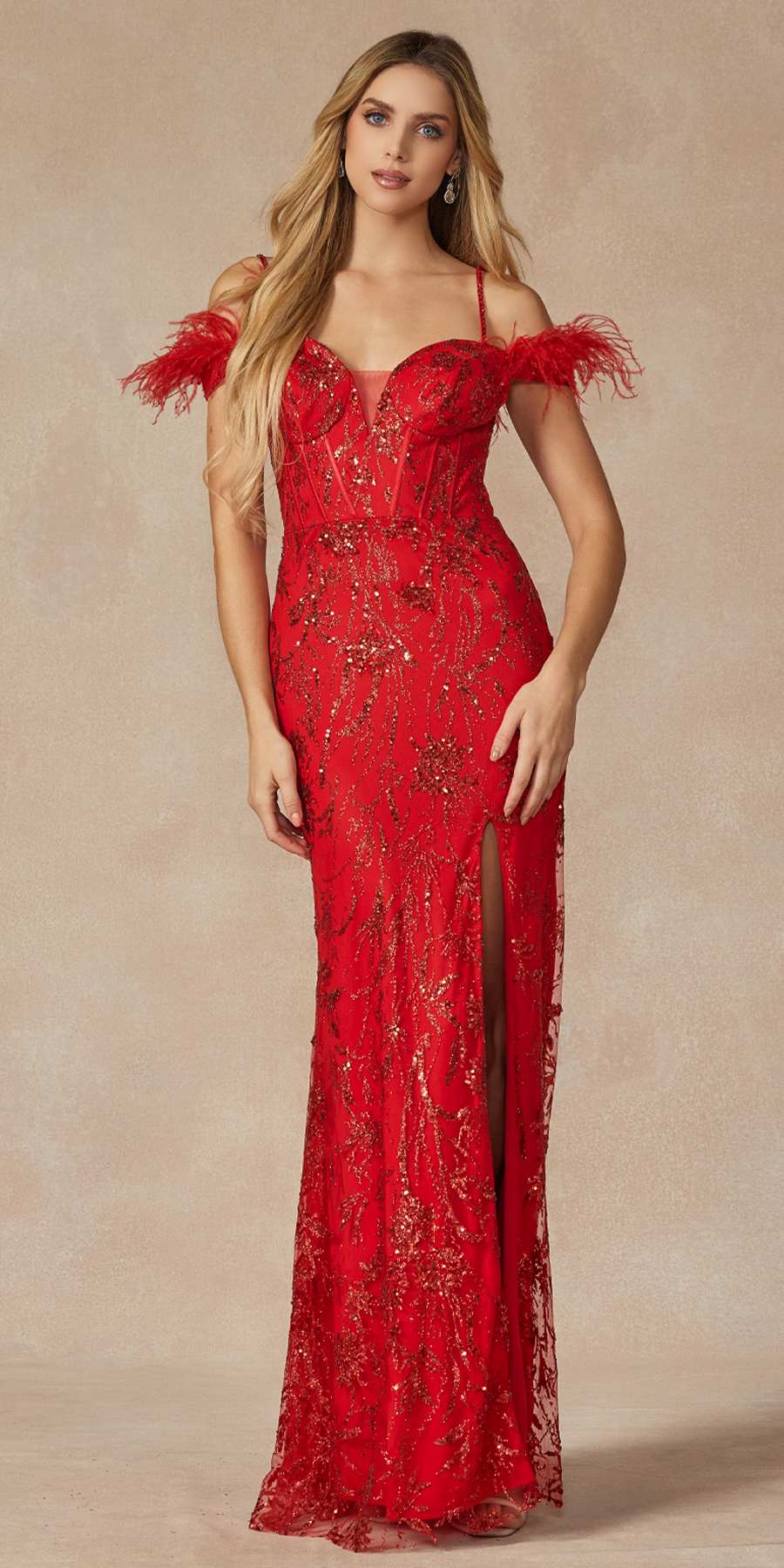 Juliet 2402 Glitter Leaf Sequin Gown with Feathered Sleeves and Slit