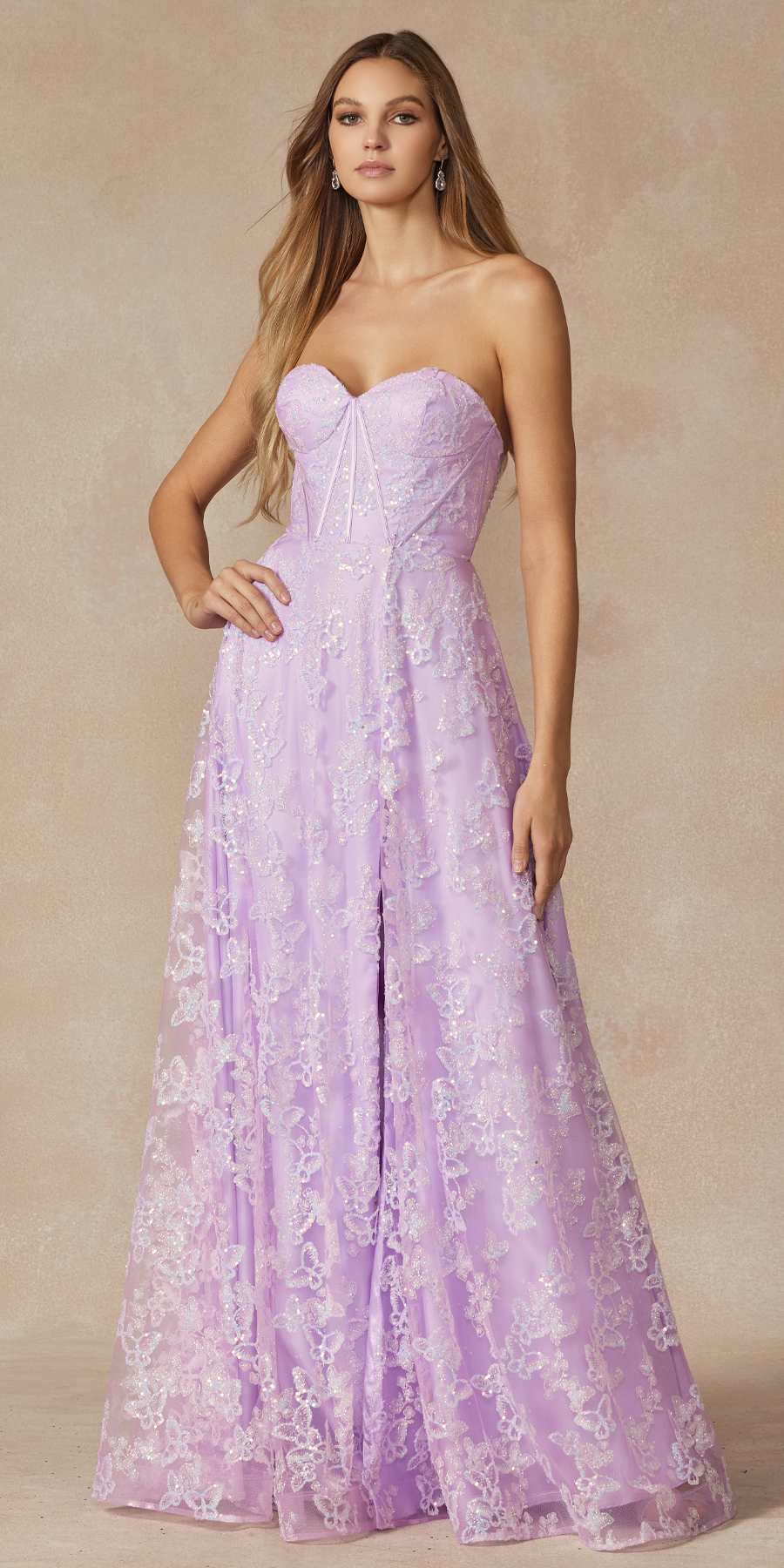 Juliet 2403 Long Butterfly Glitter Embroidered Gown with Corset Top