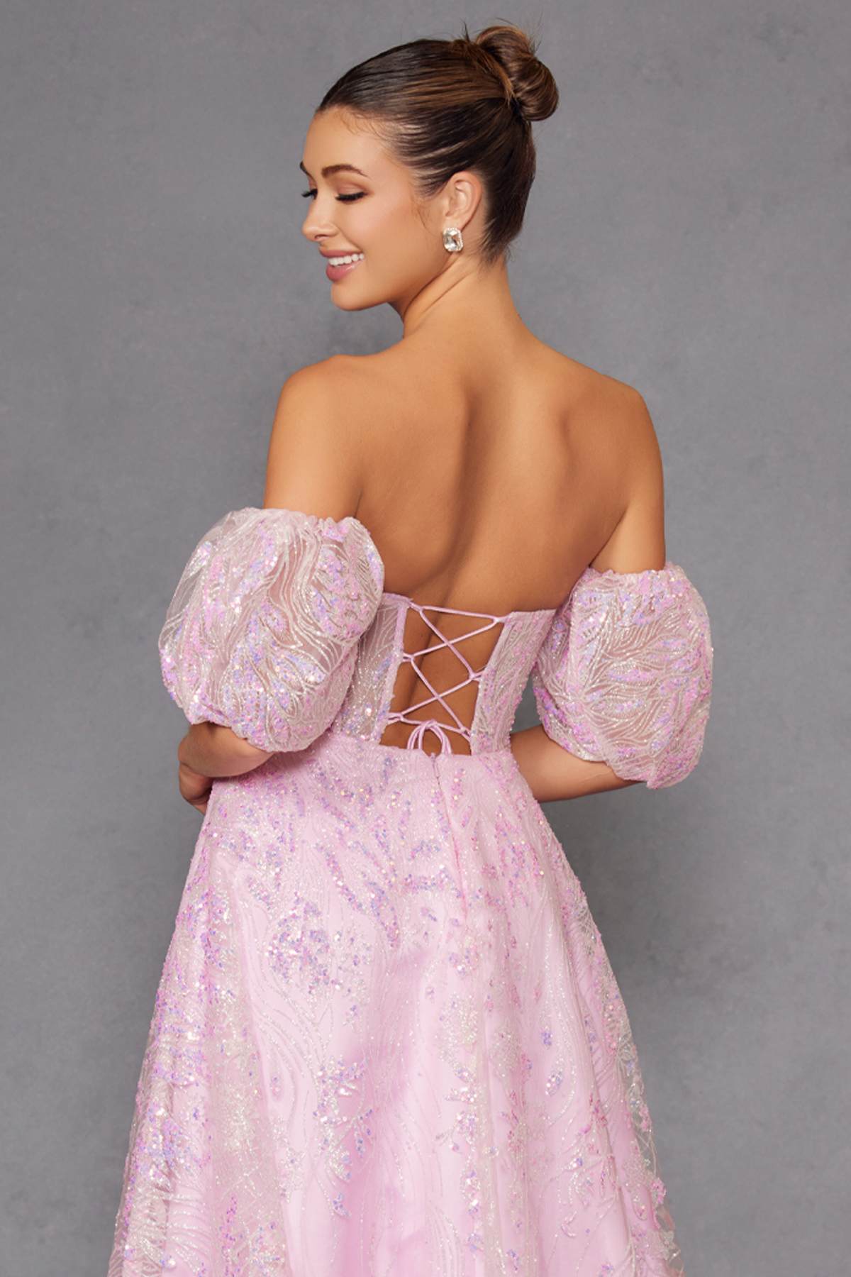 Juliet 2404 Strapless Sequin Tulle Ballgown Removable Puff Sleeves